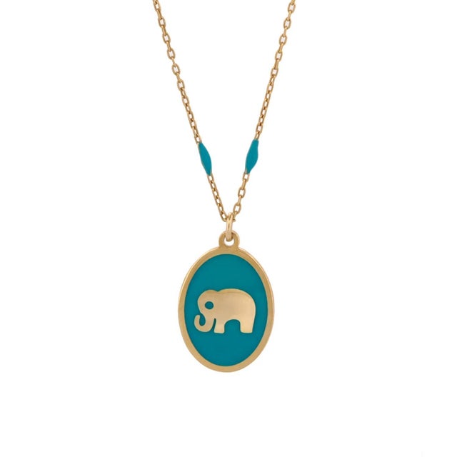 Turquoise Powerful Lucky Elephant Gold & Turquoise Chain Necklace For Sale - Image 8 of 8