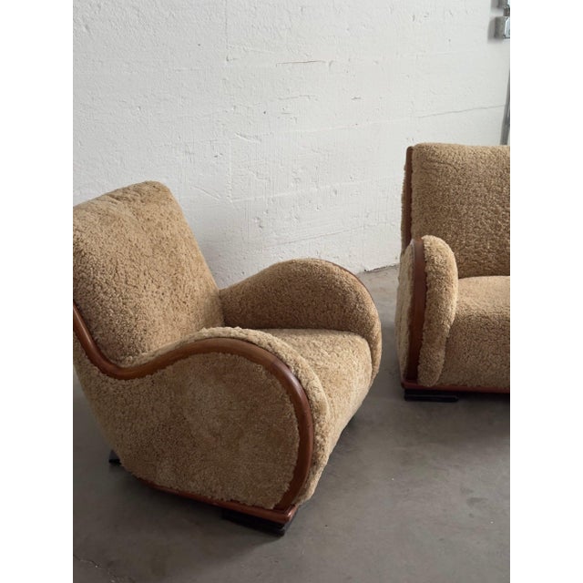 Art Deco Danish Art Deco Easy Chairs in Sheepskin, Pair, c. 1940 For Sale - Image 3 of 5