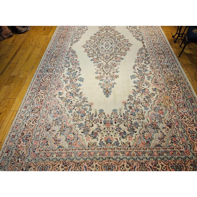 Early 20th Century Vintage Oversized Persian Qazvin Area Rug, Hand-Knotted Wool, Floral Medallion, 10x20, Ivory & Blue For Sale - Image 5 of 18