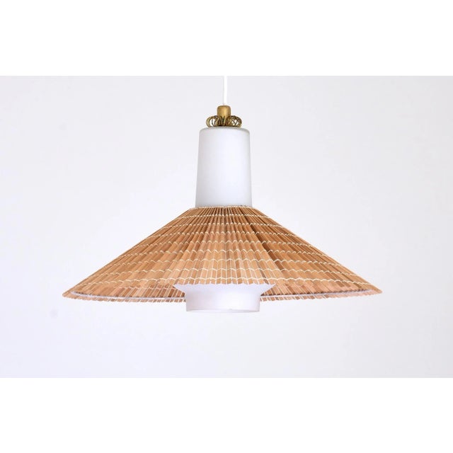 Pendant in Opal Glass, Lamellar Aspen Wood and Brass by Paavo Tynell for Idman, 1950s For Sale - Image 4 of 11