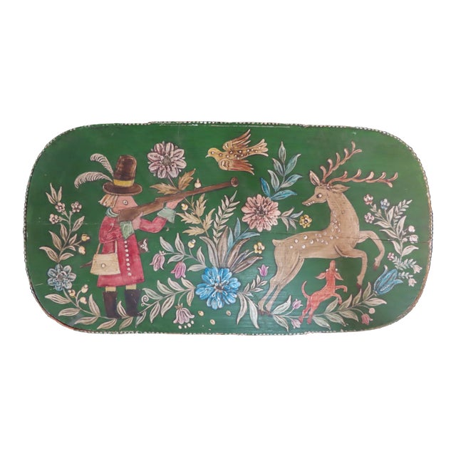Vintage Hand Painted Tole Deer Hunting Scene Wood Keepsake Sewing Box With Lid For Sale