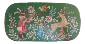 Vintage Hand Painted Tole Deer Hunting Scene Wood Keepsake Sewing Box With Lid