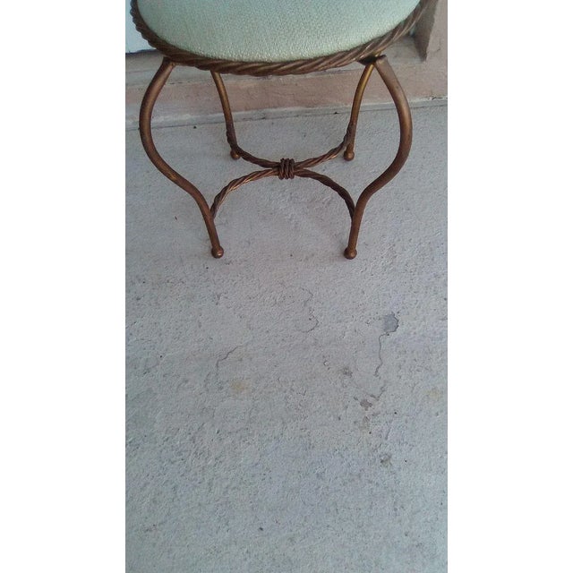 1970s Hollywood Regency Wrought Iron Tassel Rope Swivel Vanity Chair with Upholstered Seat For Sale - Image 4 of 12