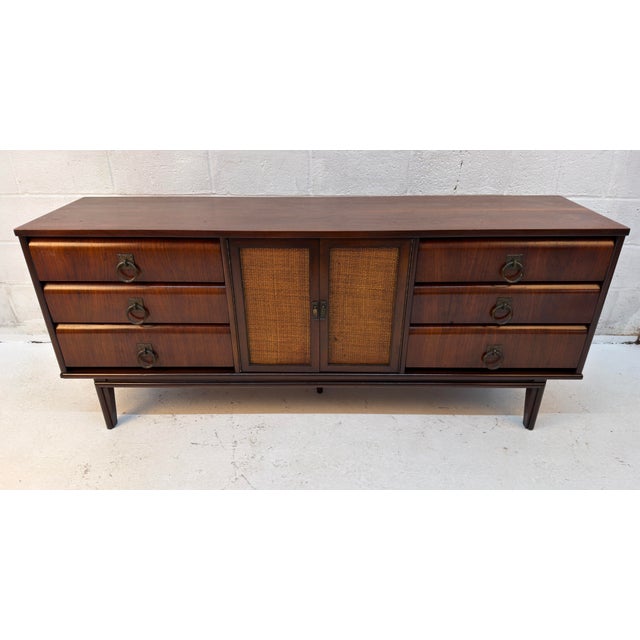 Mid-Century Modern Mid-Century Modern Walnut and Cane Nine Drawer Dresser For Sale - Image 3 of 16