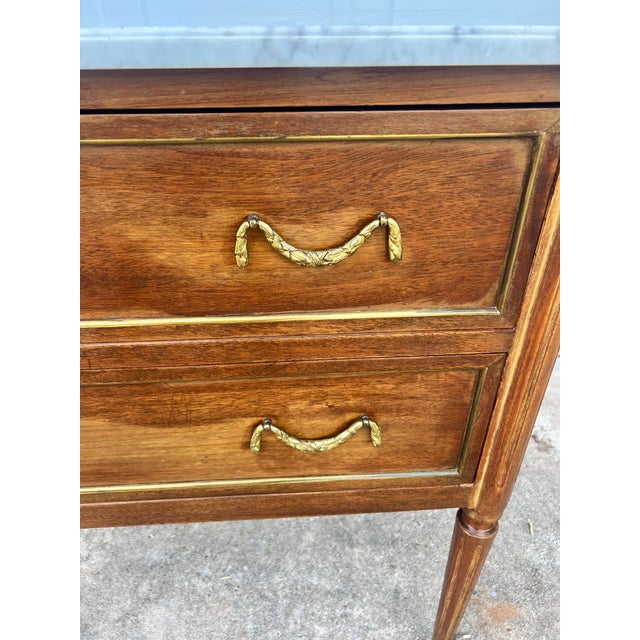 Brass French 19th Century Louis XVI Walnut Carrara Marble Top Chest of Drawers For Sale - Image 8 of 12