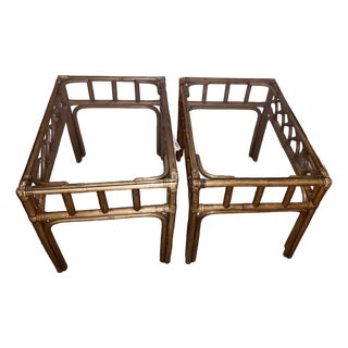 Pair Vintage 1970s California Organic Modern Cathedral Arch Rattan Side Tables For Sale