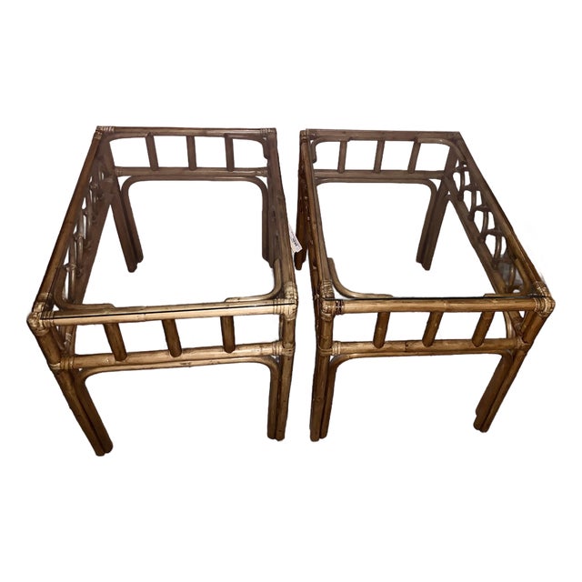 Pair Vintage 1970s California Organic Modern Cathedral Arch Rattan Side Tables For Sale