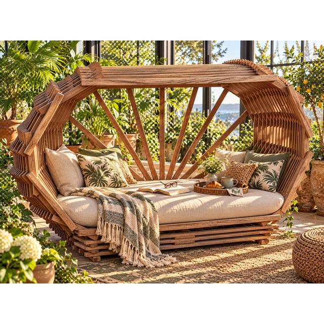 1970s Sculptural Slatted Wood Cocoon Daybed With Architectural Oval Frame For Sale - Image 16 of 17