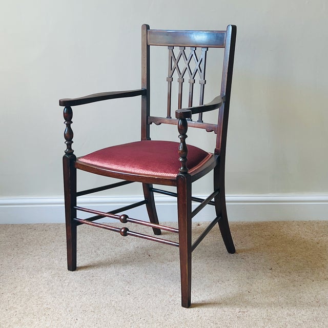 Antique English Edwardian Mahogany Desk Armchair in Velvet, 1890s For Sale - Image 3 of 17