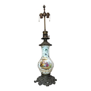 Huge 1800s Antique Ornate French Hand Painted Porcelain Bronze Kerosine Oil Lamp For Sale