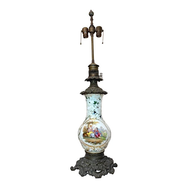 Huge 1800s Antique Ornate French Hand Painted Porcelain Bronze Kerosine Oil Lamp For Sale