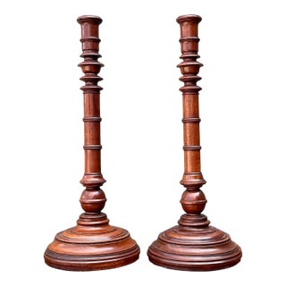 Vintage Turned Wood Candlesticks - A Pair For Sale