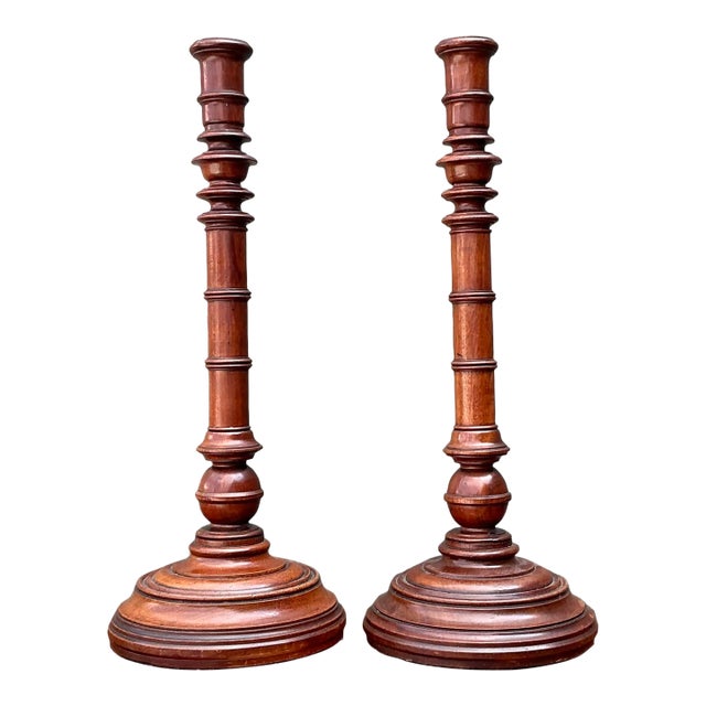 Vintage Turned Wood Candlesticks - A Pair For Sale
