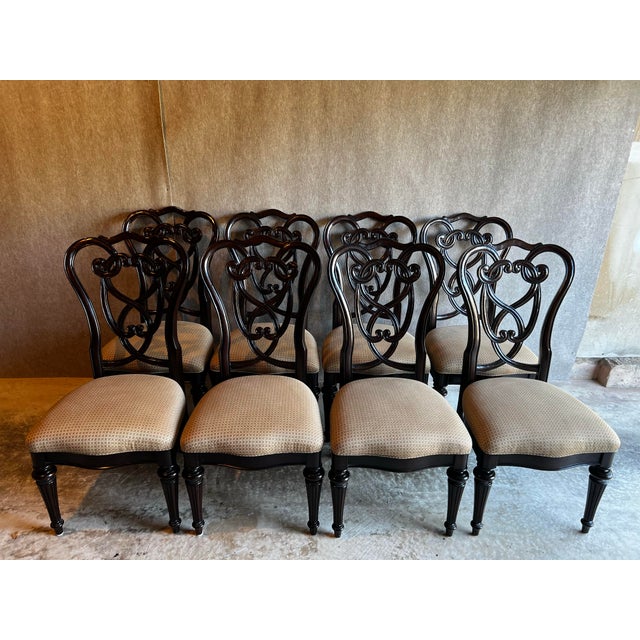 Set of 8 Early 21st Century Georgian Style scroll back dining side chairs by Stanley Furniture. These chairs have carved...