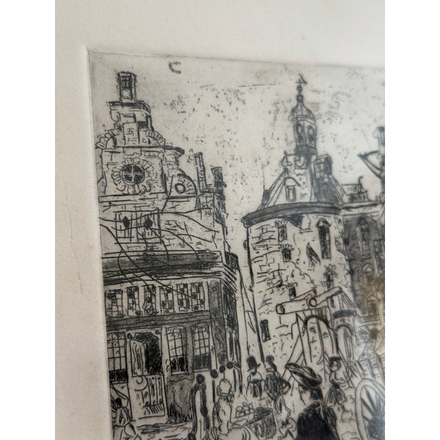 Original Signed Etching Art by Rouse Pinkston, 1975 European Street Scene, Custom Black Wood Framed For Sale - Image 10 of 11