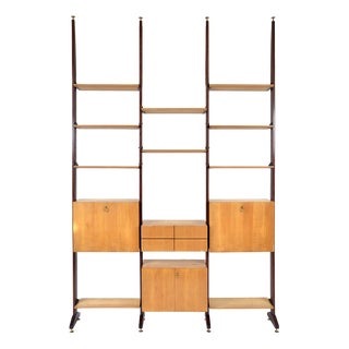 Large Mid-Century Italian Teak & Maple Freestanding Shelving System, 1950s, Set of 18 For Sale