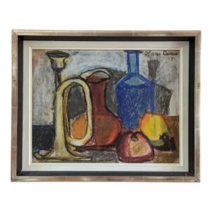 1954 Mid-Century Modern "Still Life in Pastel" Vintage Expressive Still Life Pastel Painting, Framed