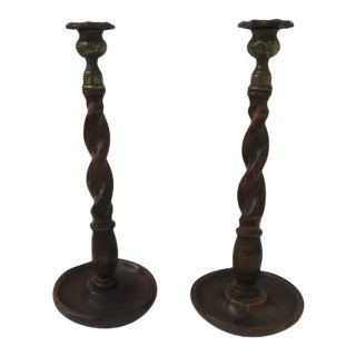Mid 19th Century English Barley Twist Candlesticks with Cast Brass Nozzels - a Pair For Sale
