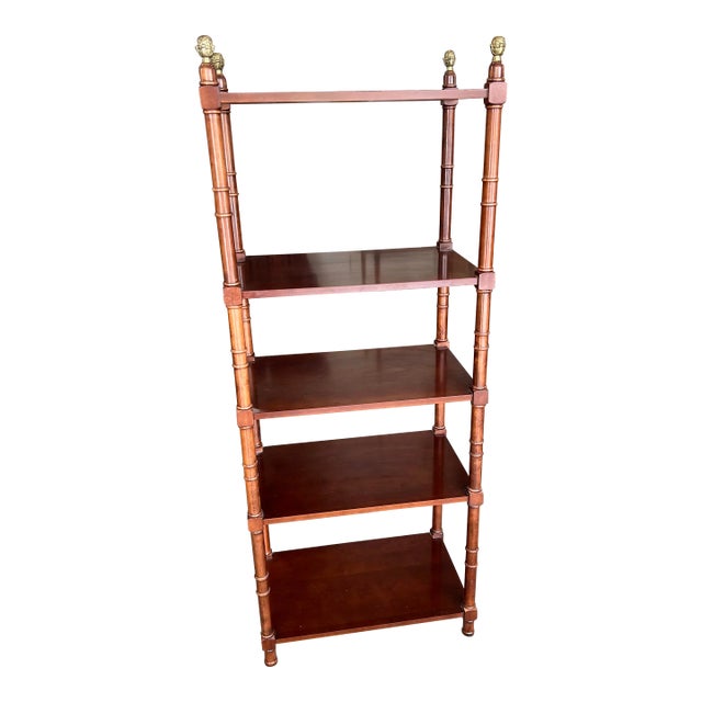 Vintage Faux Bamboo Chinoiserie Mahogany Brass Capped Etagere Shelf Unit For Sale