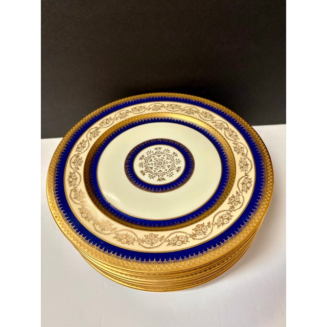 1940s Stouffer Fine China Gold Encrusted Cobalt Blue Porcelain Dinner Plates Set of 6 For Sale - Image 10 of 10