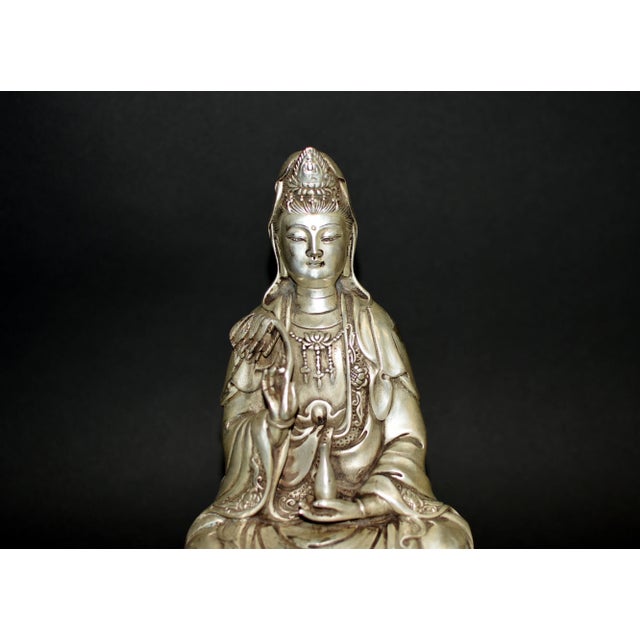 Silver Bronze Guan Yin Statue Goddess of Compassion For Sale In Los Angeles - Image 6 of 13