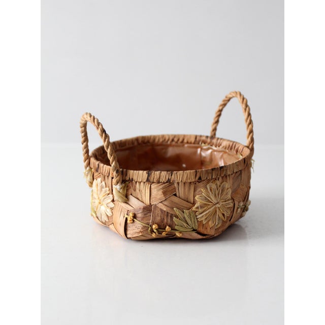 Farmhouse Vintage Handmade Floral Raffia Basket With Braided Handles For Sale - Image 3 of 13