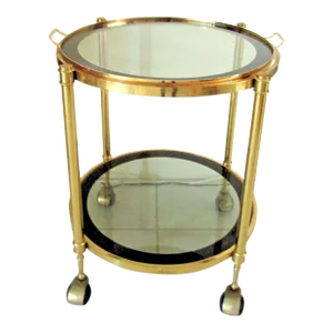 Vintage 1960s Hollywood Regency Round Brass and Smoked Glass Tray Top Bar Cart