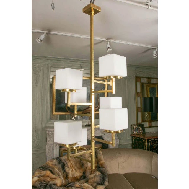 Vintage Art Deco Brass Chandelier 8 Light Cubic Shape Milk Glass Shades For Sale - Image 4 of 4