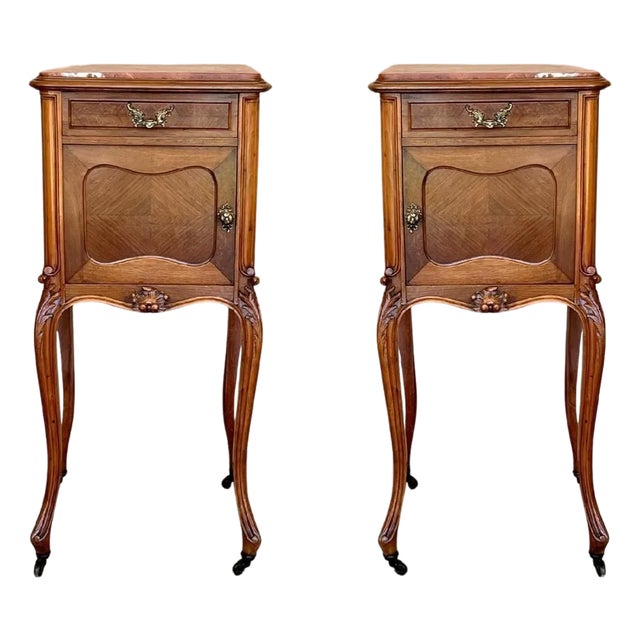 Antique French Mahogany Night Stands with marble top and wheels, 1900, 2 Pieces For Sale