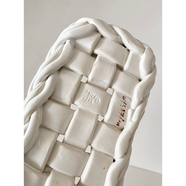 1980s White Ceramic Woven Lattice Rectangular Handled Cachepot or Basket For Sale - Image 11 of 11