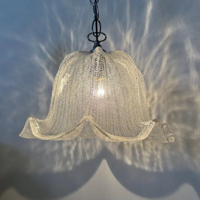 Mid-Century Bell-Shaped Ice Glass and Chrome Pendant Light, 1970s For Sale - Image 4 of 18