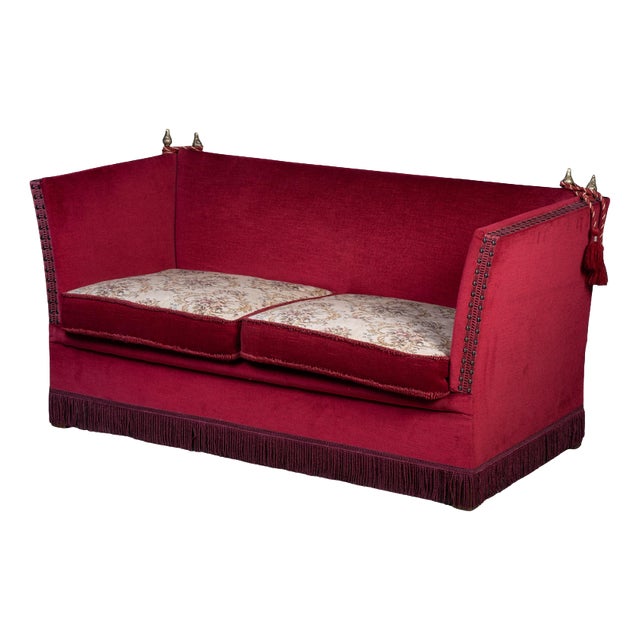 Vintage Red Velvet Knole Sofa with Floral Cushions, 1950s For Sale