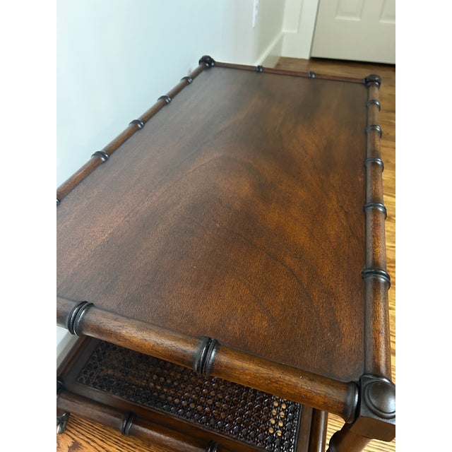 Vintage Mid-Century Faux Bamboo Walnut Coffee Table With Cane Shelf & Casters For Sale - Image 14 of 16