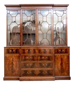 Early 20th Century Georgian Flame Mahogany Breakfront China Cabinet