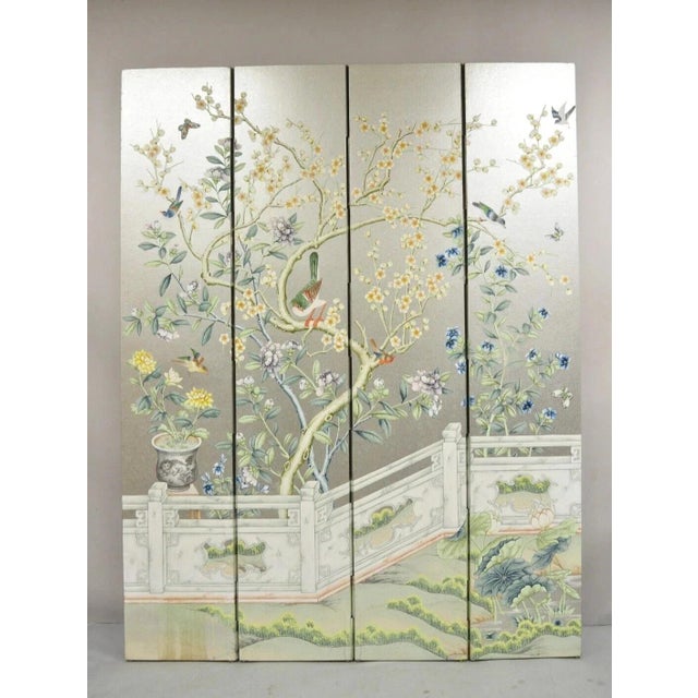 Vintage Chinoiserie Silver Leaf Birds Butterflies 4 Panel Screen Room Divider A For Sale - Image 15 of 15