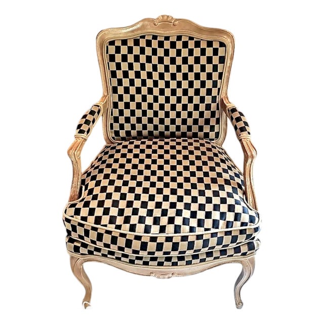 1960’s Polychromed Beechwood Louis XV Checker Upholstered Fauteuil For Sale
