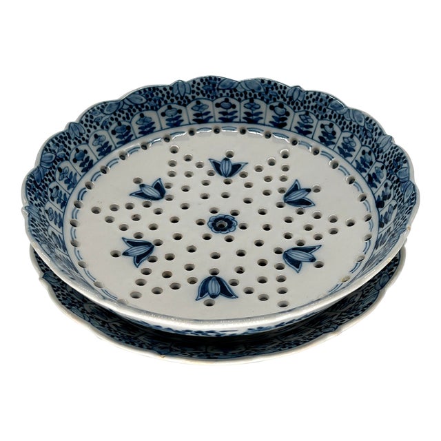 Antique Royal Tichelaar Makkum Delft Faience Fruit Strainer Blue & White 2Pc. For Sale