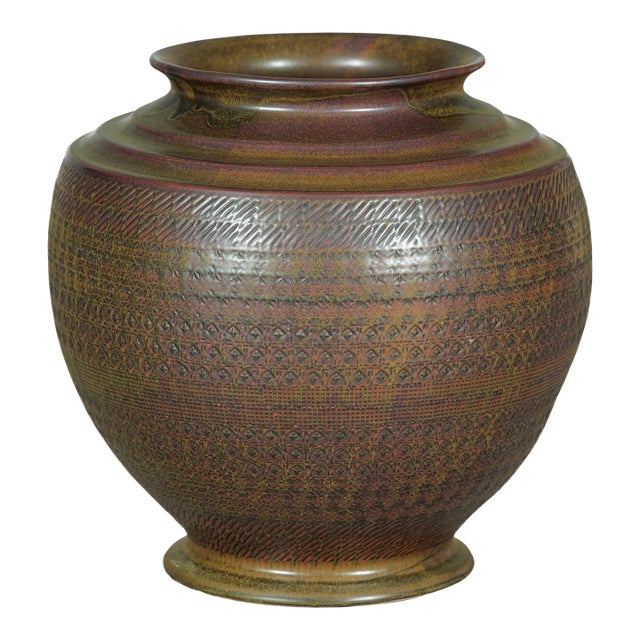 Large Artisan Ceramic Vase with Intricate Textured Pattern in Brown & Green For Sale