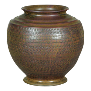 Large Artisan Ceramic Vase with Intricate Textured Pattern in Brown & Green