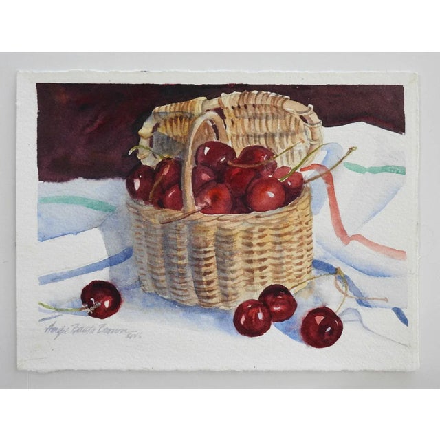 Contemporary Contemporary Cherries and Basket Still Life Watercolor Painting For Sale - Image 3 of 3