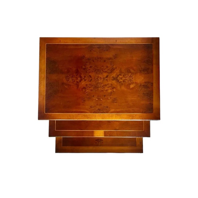 Late 20th Century Late 20th Century Vintage Inlaid Burr Yew and Mahogany Faux Bamboo Nesting Tables - Set of Three For Sale - Image 5 of 10