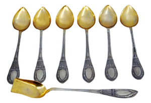 Silver Coffee Spoons and Sugar Shovel with Golden Shell Reliefs, Set of 6