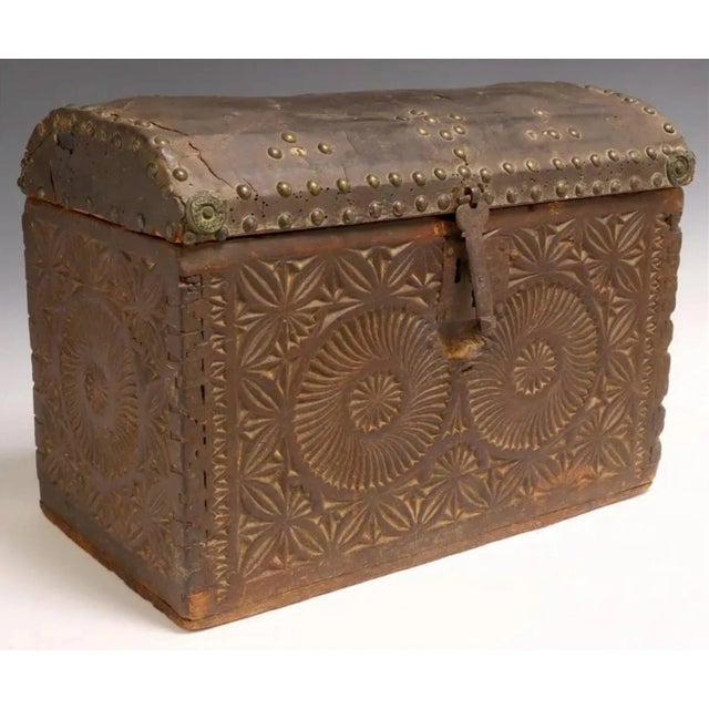 18th Century Early 18th C. Spanish Colonial Baroque Period Leather Clad Dovetail Carved Domed Small Domed Blanket Chest Coffer Antique Travel Trunk For Sale - Image 5 of 11