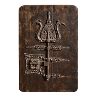 17th Century Spanish Baroque Wrought Iron Architectural Lock on Timber Panel For Sale