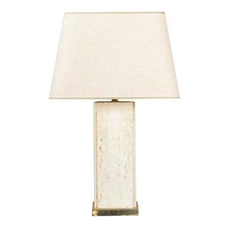 Large French Mid-Century Rectangular Travertine Table Lamp With Brass Base, 1960s For Sale