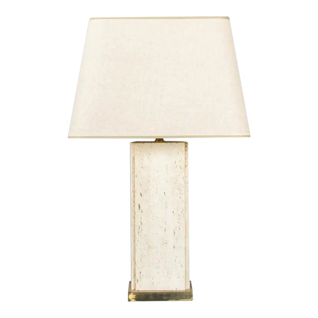 Large French Mid-Century Rectangular Travertine Table Lamp With Brass Base, 1960s For Sale