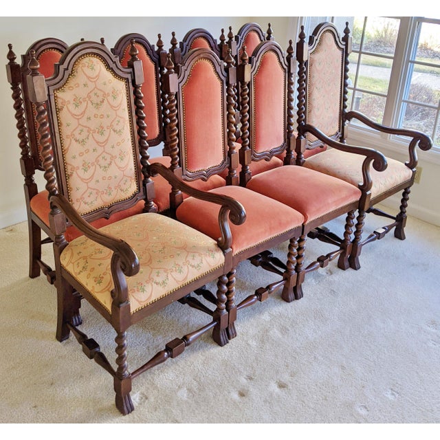 Vintage French Jacobean Style Barley Twist Carved Oak Dining Chairs
