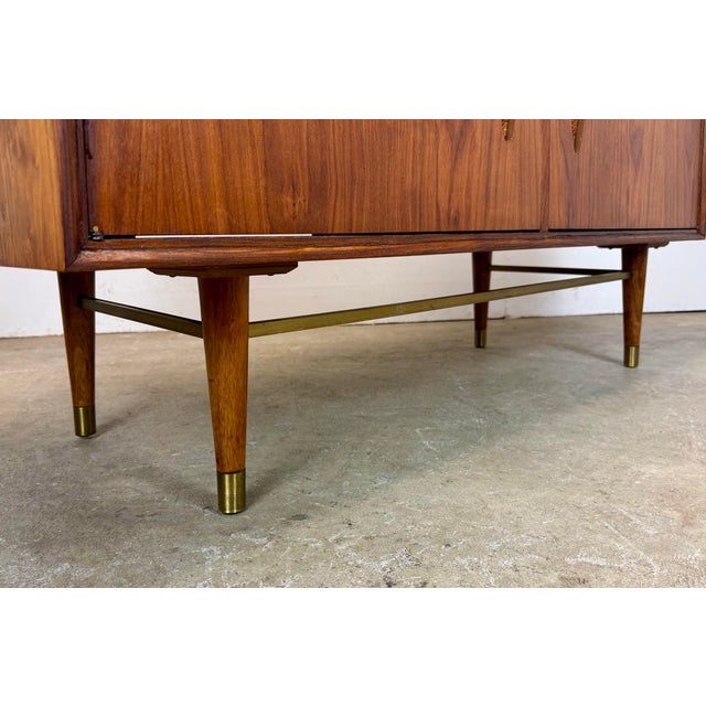 Mid Century Modern Walnut, Cane & Brass Credenza / Media Stereo Cabinet Restored For Sale - Image 10 of 12