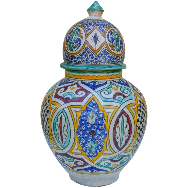 Rustic Moorish-Patterned Lidded Vase For Sale - Image 3 of 9