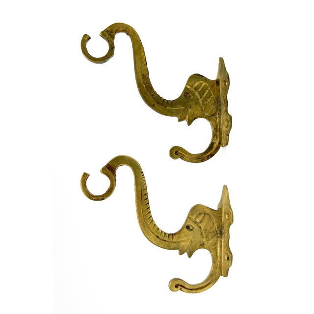 Indian Pair of Vintage Indian Brass Elephant Double Wall Hooks – Bohemian / Global For Sale - Image 3 of 11